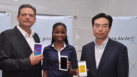 (L-r) Emmanouil Revmatas, director, Information Technology and Mobile, Ms. Olajumoke Okikiolu, marketing manager, Information Technology and Mobile, and Daesung Ra, Business Development Director, Information Technology and Mobile, all of Samsung Electronics West Africa, at the launch of Samsung Galaxy Note 4 in Lagos.